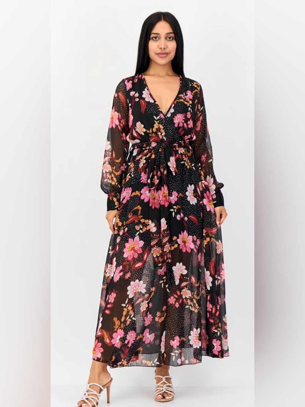 Bandolino Black Maxi Wrap Dress with Pink and Gold Floral Print